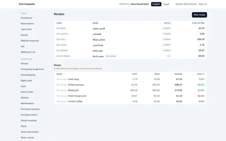 Recipes & dish cost